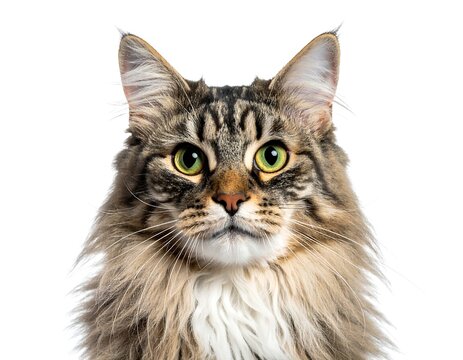 Close-up of a long-haired cat, facing forward against a white backdrop