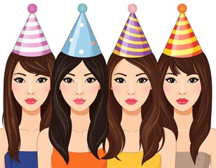 Four Asian women with long hair and party hats, smiling, close-up