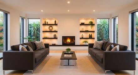 Modern living room with fireplace and large windows