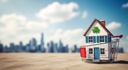 Miniature house with shamrock on roof in deserted landscape