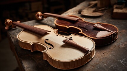 Obraz premium luthier. A half-finished violin beside a completed one, showcasing woodworking stages and natural wood grain. tutorial guides, club newsletters, designed for tourism and weekend activity guides.
