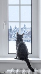 Gray cat looking out a window at a snowy winter landscape