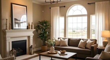 Cozy living room with fireplace and large arched window