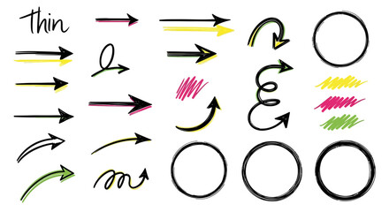 Fototapeta premium Collection of colorful hand drawn arrows lines and circular shapes