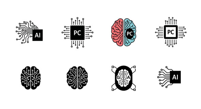 Artificial intelligence and computing brain icons with circuit patterns