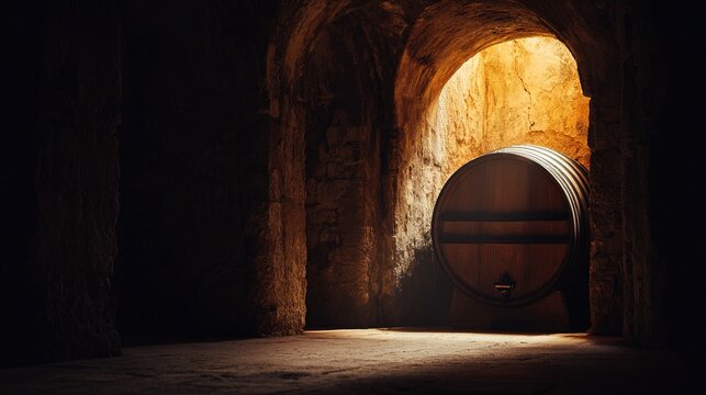 tun. A colossal wooden wine tun stands alone in an empty stone cellar with dramatic side lighting. bar promotions, beverage menus, designed for food & beverage menus and cafe branding.