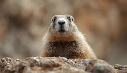 A groundhog peeking out from behind a rocky outcropping in a natural outdoor setting