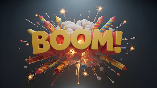 The word "BOOM!" in chunky, explosion-like 3D typography. Text bursting out from a cluster of colorful 3D fireworks/crackers (simplified, cartoon style). High energy sound effect.
