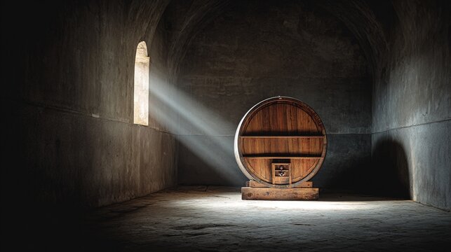 tun. A colossal wooden wine tun stands alone in an empty stone cellar with dramatic side lighting. bar promotions, beverage menus, designed for food & beverage menus and cafe branding.