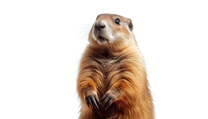 A curious groundhog stands upright on a white background, looking up with interest.