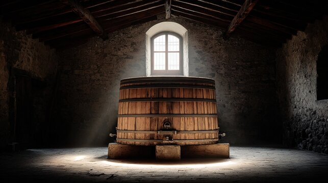 tun. A colossal wooden wine tun stands alone in an empty stone cellar with dramatic side lighting. bar promotions, beverage menus, designed for food & beverage menus and cafe branding.