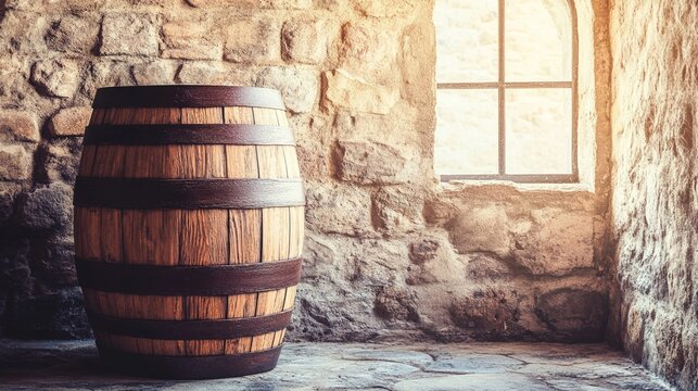 tun. A colossal wooden wine tun stands alone in an empty stone cellar with dramatic side lighting. bar promotions, beverage menus, designed for food & beverage menus and cafe branding.