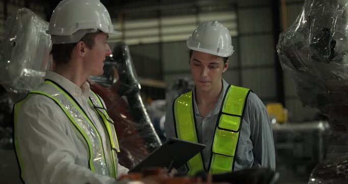 Engineering supervisor mentors trainee in robotics environment, emphasizing the importance of leadership, communication, and continuous education in managing complex machinery and technical processes
