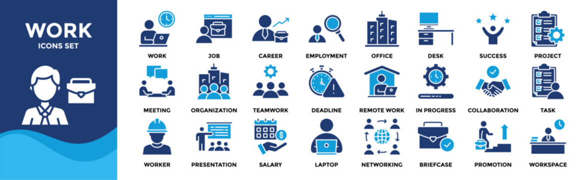 Work icon set collection. Containing job, career, employment, meeting, organization, teamwork and networking