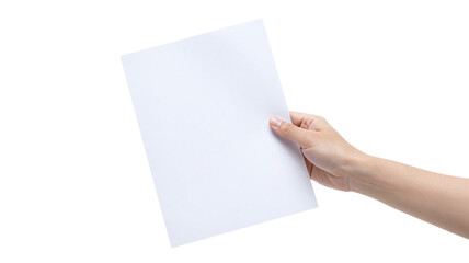 Fototapeta premium Hand holding a blank white paper sheet against a clean white background, presenting a document