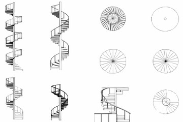 Architectural diagrams of spiral staircases in varying perspectives and elevations