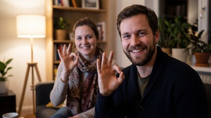 Couple giving thumbs up in cozy living room with plants