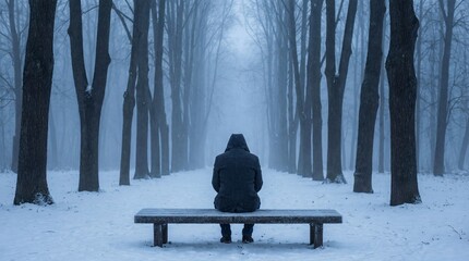 Lonely person sitting on snowy forest bench in winter fog