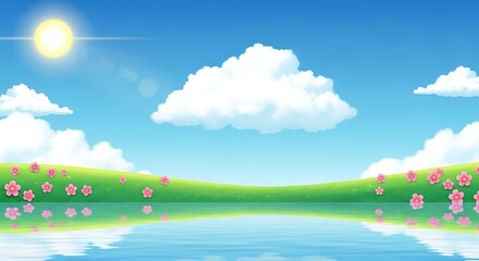 Obraz premium Beautiful serene landscape with flowers blooming beside calm water under bright sky