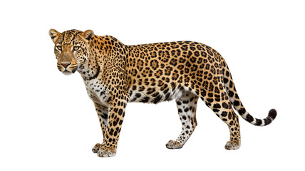 Fototapeta premium Majestic leopard standing alert with its spotted coat isolated on a white background, wildlife animal