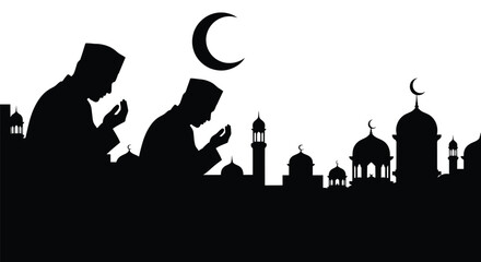 Muslim men praying during Ramadan with mosque silhouette at crescent moon night
