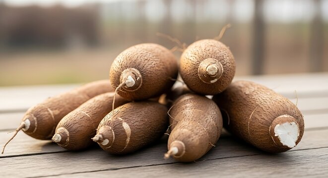 Pile of harvested yuca roots on a wooden surface, ready for cooking