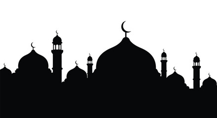 Mosque Silhouette with Crescent Moon Domes and Minarets against White Background