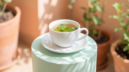 Fototapeta premium Refreshing cup of herbal tea with mint on a sunny table