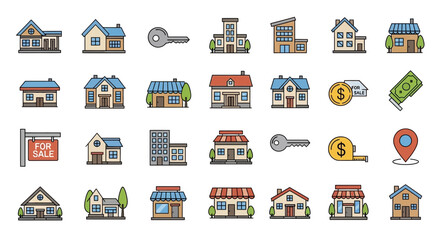 Obraz premium Real Estate Icons: Houses, Keys, Money, For Sale Sign, Location Pin
