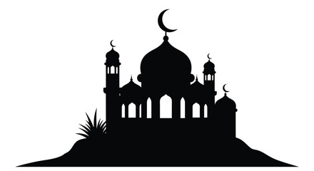 Islamic Mosque Silhouette with Crescent Moon on Hill