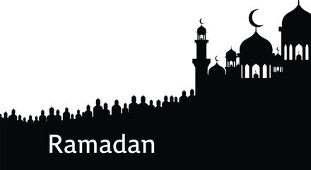 Ramadan Silhouette of Mosque with Crescent Moon and Cityscape at Night