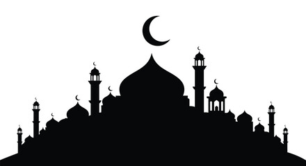 Mosque Silhouette with Crescent Moon Islamic Symbol on White Background