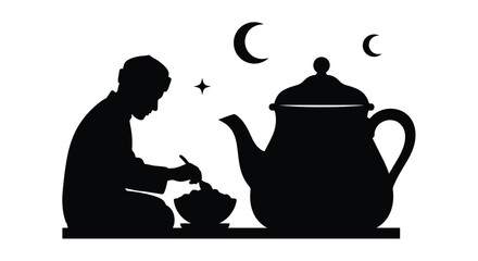 Woman preparing tea under the moonlight with a teapot and crescent moons