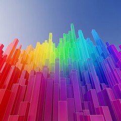 Obraz premium Colorful translucent geometric pillars rise toward a clear blue sky