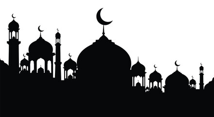 Islamic Mosque Silhouette with Crescent Moon on White Background