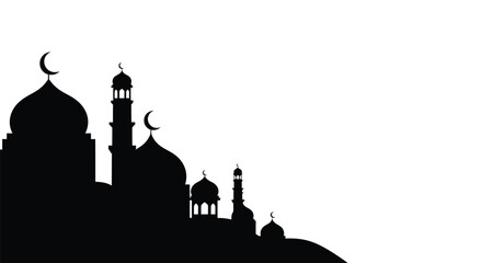 Islamic mosque silhouette with crescent moon on white background with copy space
