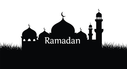 Ramadan mosque silhouette with crescent moon on white background
