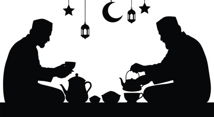 Muslim couple breaking fast together during Ramadan with lanterns and crescent moon