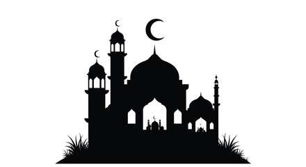 Islamic Mosque Silhouette with Crescent Moon on White Background