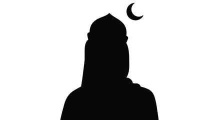 Silhouette of a person with crescent moon on a white background with copy space