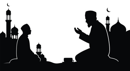 Silhouetted Muslims praying together under crescent moons with mosque silhouettes