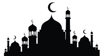 Islamic Mosque Silhouette with Crescent Moon at Night in Black and White