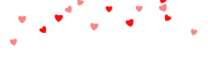 Paper pink heart string. Valentine day garland. Hanging Red and Pink Paper Hearts Seamless Border. Wedding banner. Happy Holiday decoration. Birthday party bg. 8 March card. Vector illustration