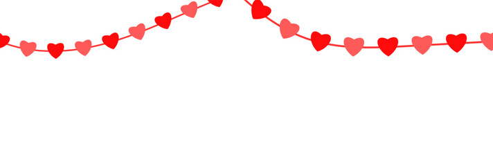 Paper pink heart string. Valentine day garland. Hanging Red and Pink Paper Hearts Seamless Border. Wedding banner. Happy Holiday decoration. Birthday party bg. 8 March card. Vector illustration