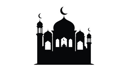 Islamic Mosque Silhouette with Crescent Moon Islamic Symbol on White Background