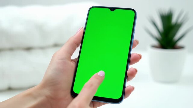 Close-up of a woman's hand holding a modern smartphone with a bright green screen, perfect for digital content insertion and interactive applications
