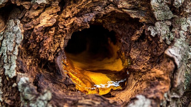 burl. Close-up of a dark, swollen tree burl oozing golden amber resin on oak bark. gardening catalogs, home-decor guides, designed for gardening and botanical catalogs.