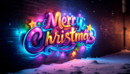 Merry Christmas text in neon in bright colors