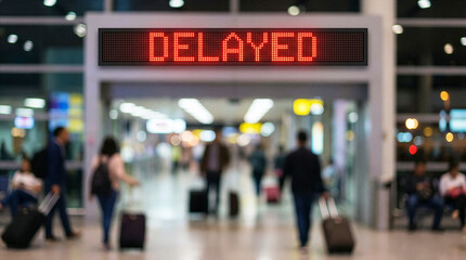 A train station or an airport and an illuminated sign indicating a delay