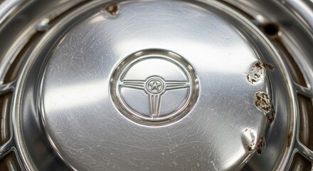 Obraz premium Close up view reveals aged metallic wheel cover featuring a stylized steering wheel emblem.